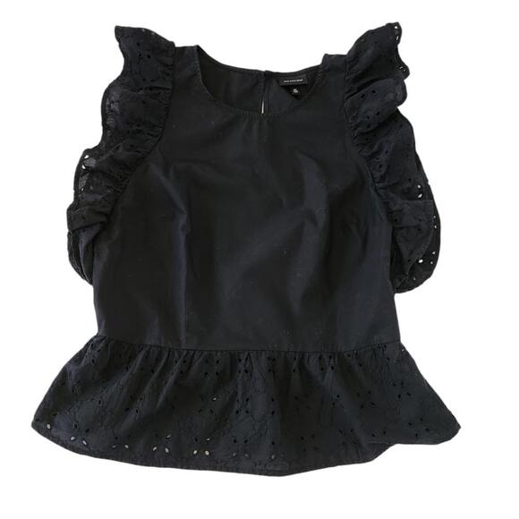 Women's Preppy Black Flutter Eyelet Cap Sleeve Business Casual Top / Medium - Picture 1 of 9